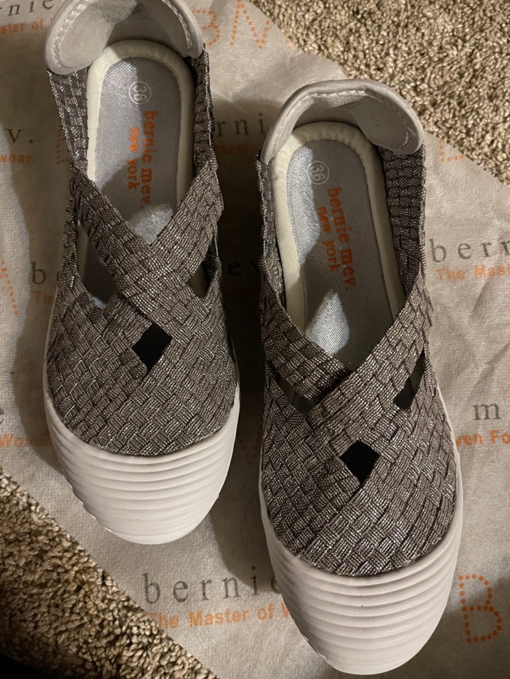 bernie mev. Metallic Gray Woven Slip-On Mules with White Sole